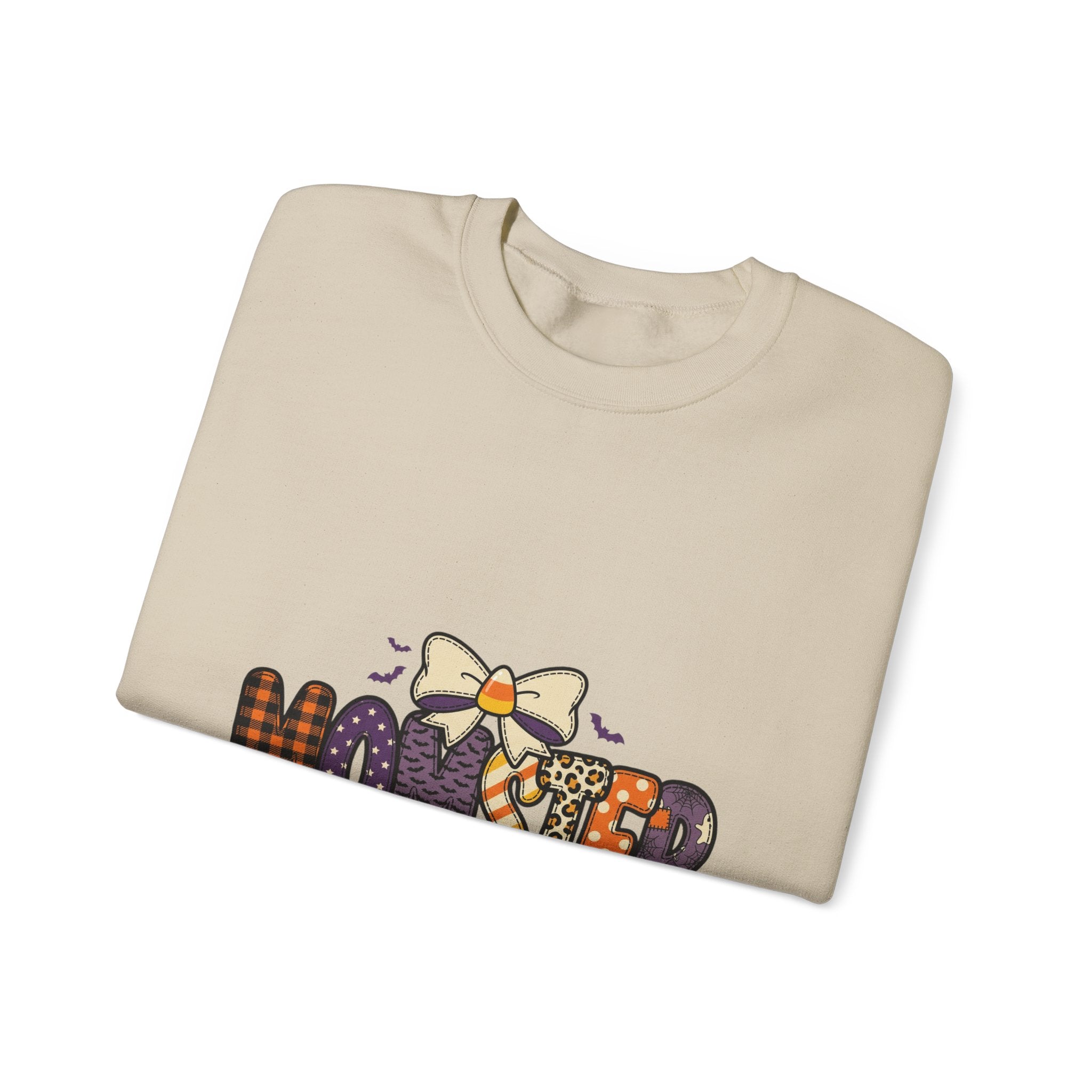 Momster Halloween Graphic Sweatshirt | Cute Spooky Mom, Purple Orange Bat Accents