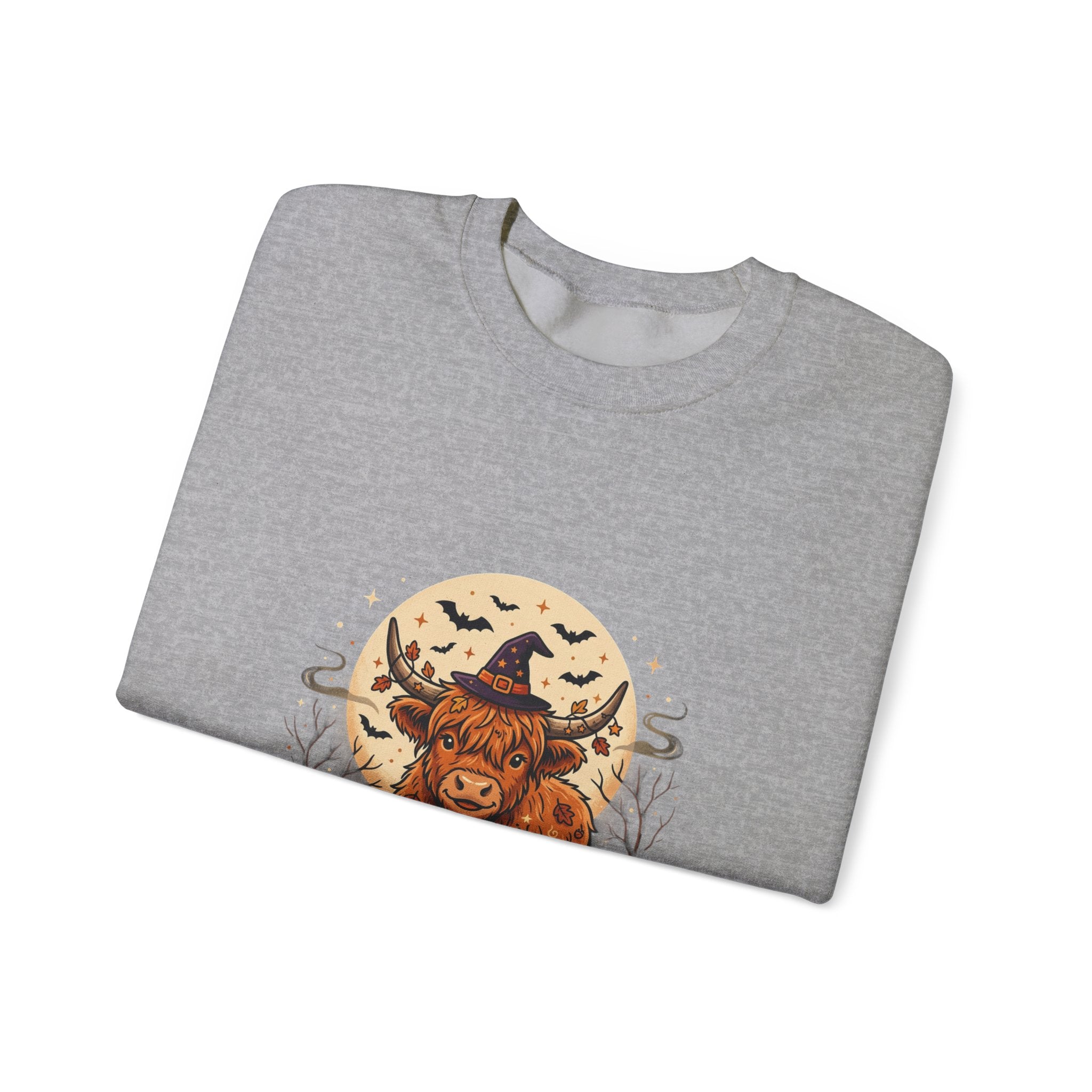 Highland Cow Halloween Sweatshirt — Pumpkin, Moon & Witch Hat Crewneck