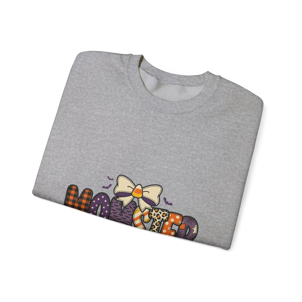 Momster Halloween Graphic Sweatshirt | Cute Spooky Mom, Purple Orange Bat Accents