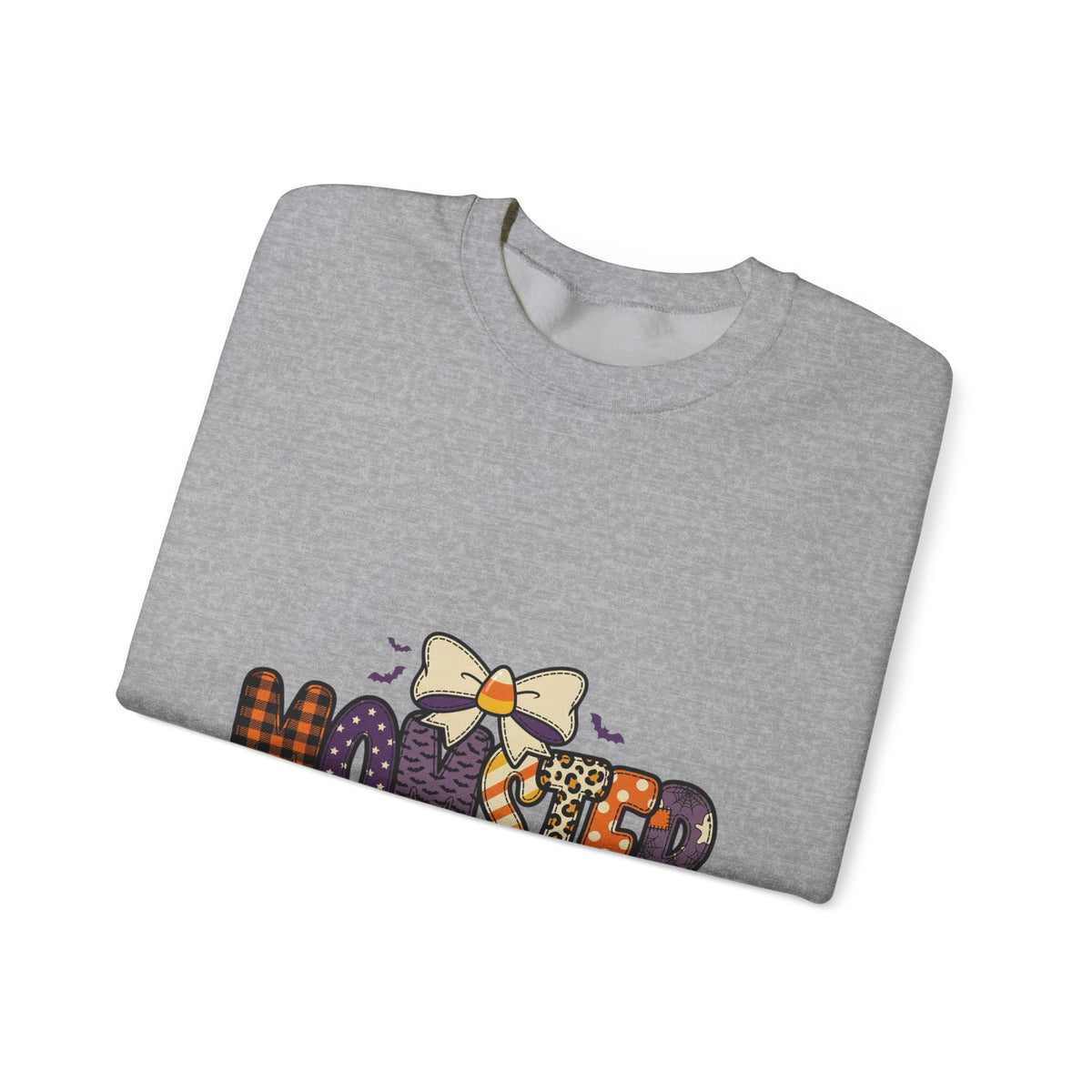 Momster Halloween Graphic Sweatshirt | Cute Spooky Mom, Purple Orange Bat Accents