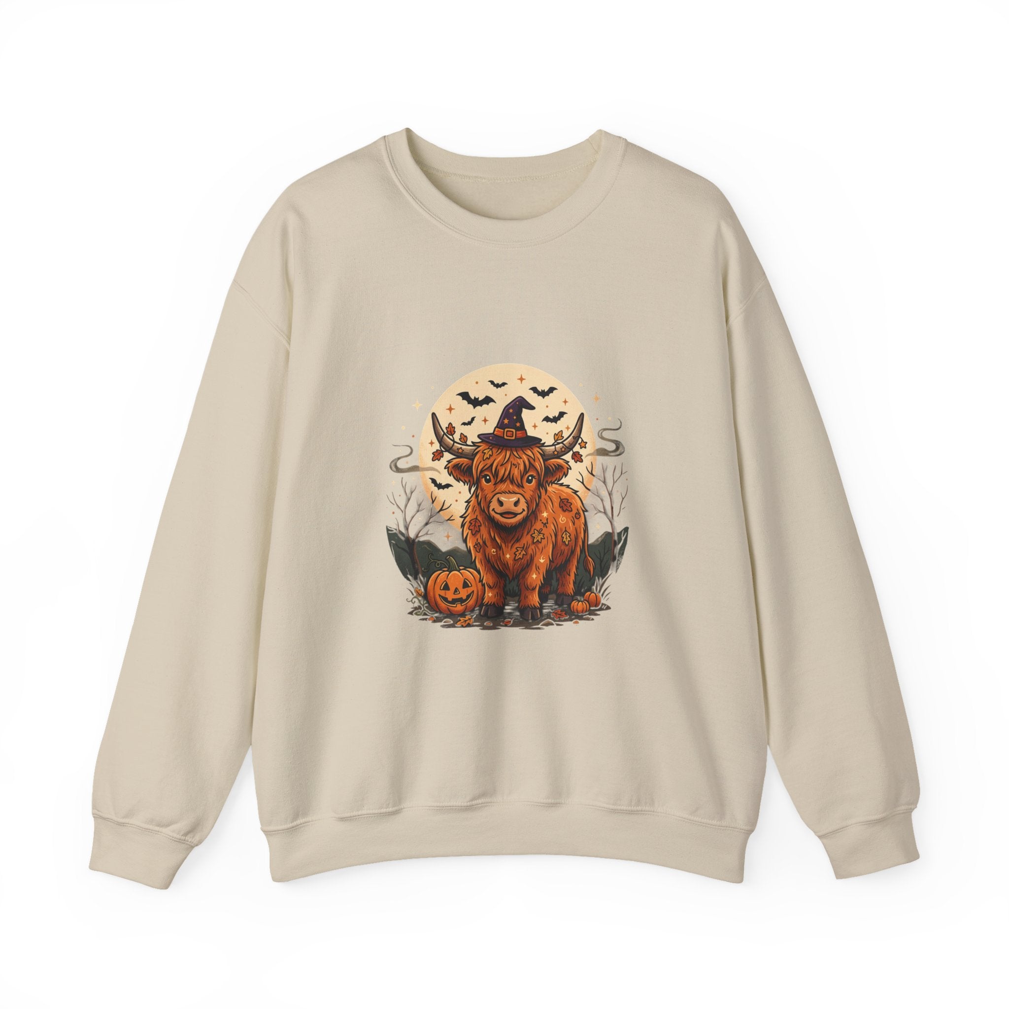 Highland Cow Halloween Sweatshirt — Pumpkin, Moon & Witch Hat Crewneck