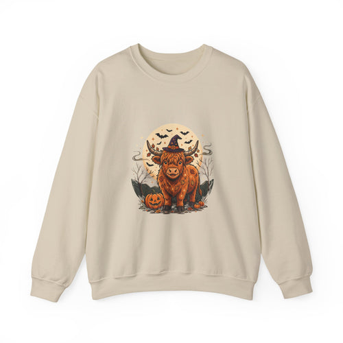 Highland Cow Halloween Sweatshirt — Pumpkin, Moon & Witch Hat Crewneck