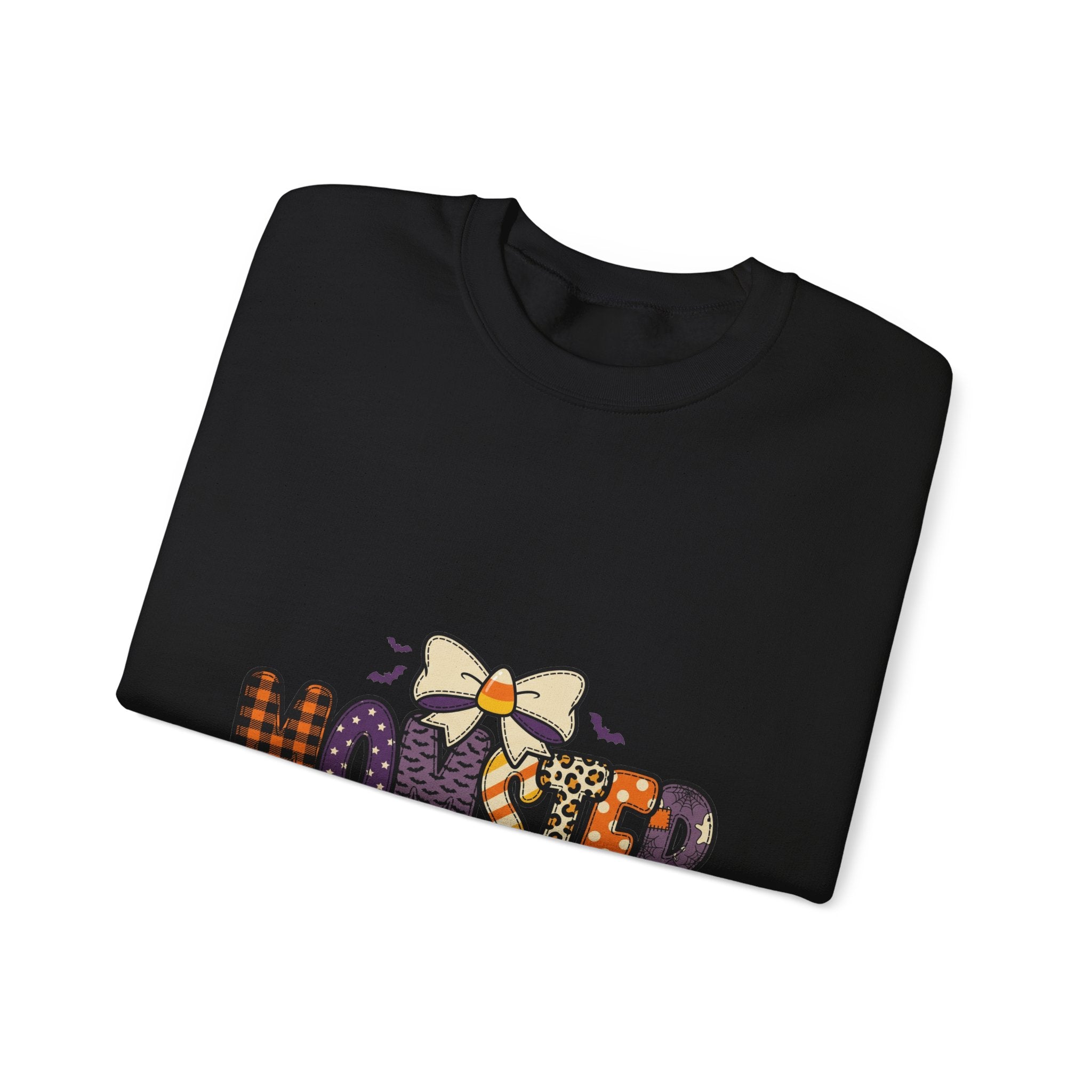 Momster Halloween Graphic Sweatshirt | Cute Spooky Mom, Purple Orange Bat Accents