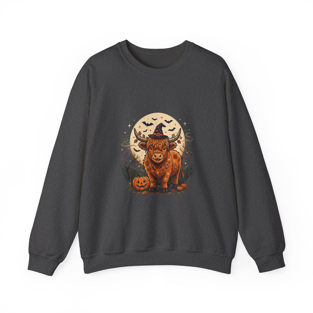 Highland Cow Halloween Sweatshirt — Pumpkin, Moon & Witch Hat Crewneck