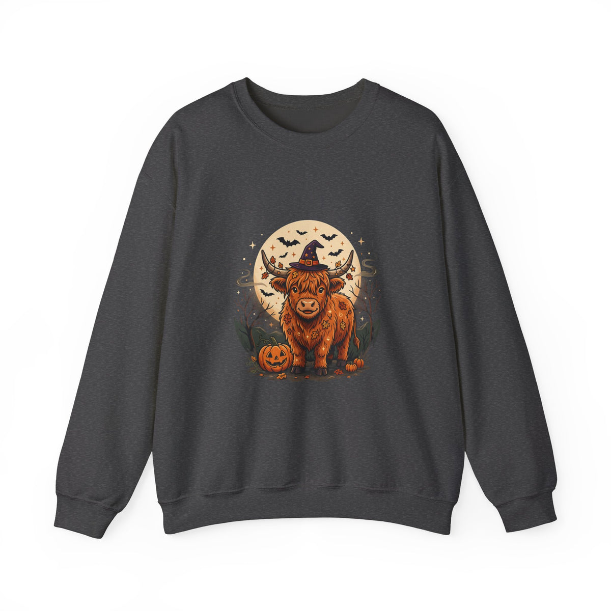 Highland Cow Halloween Sweatshirt — Pumpkin, Moon & Witch Hat Crewneck