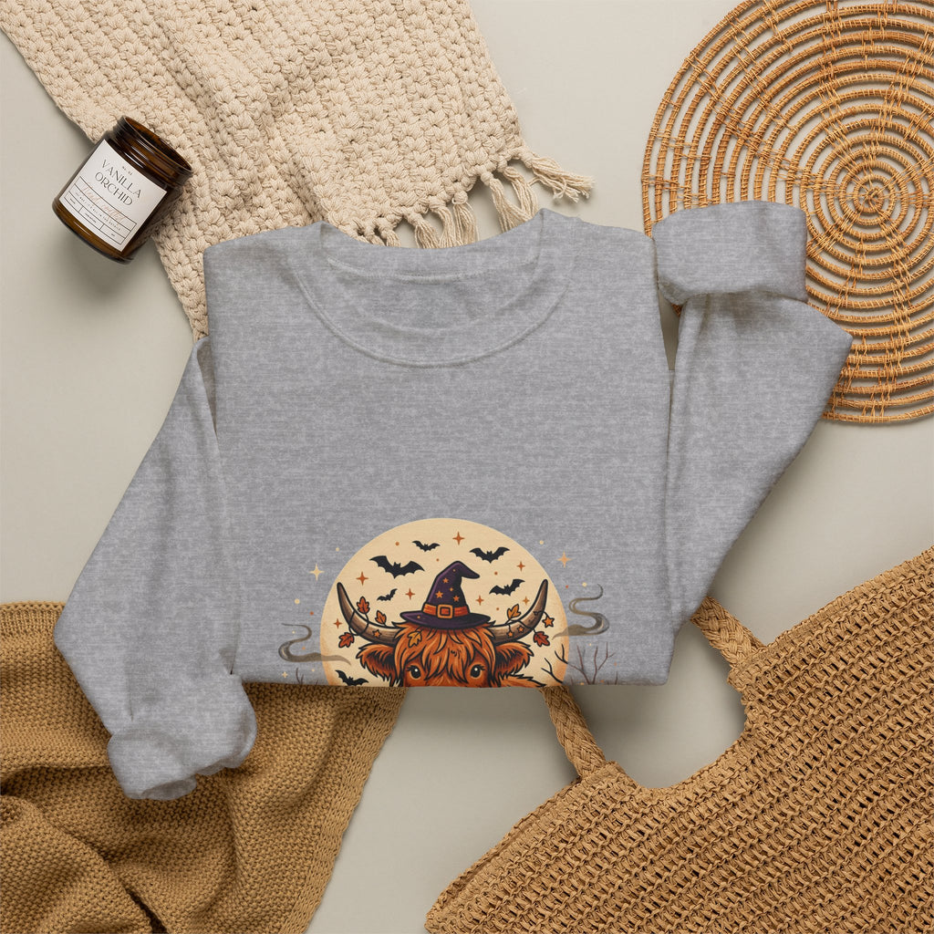 Highland Cow Halloween Sweatshirt — Pumpkin, Moon & Witch Hat Crewneck