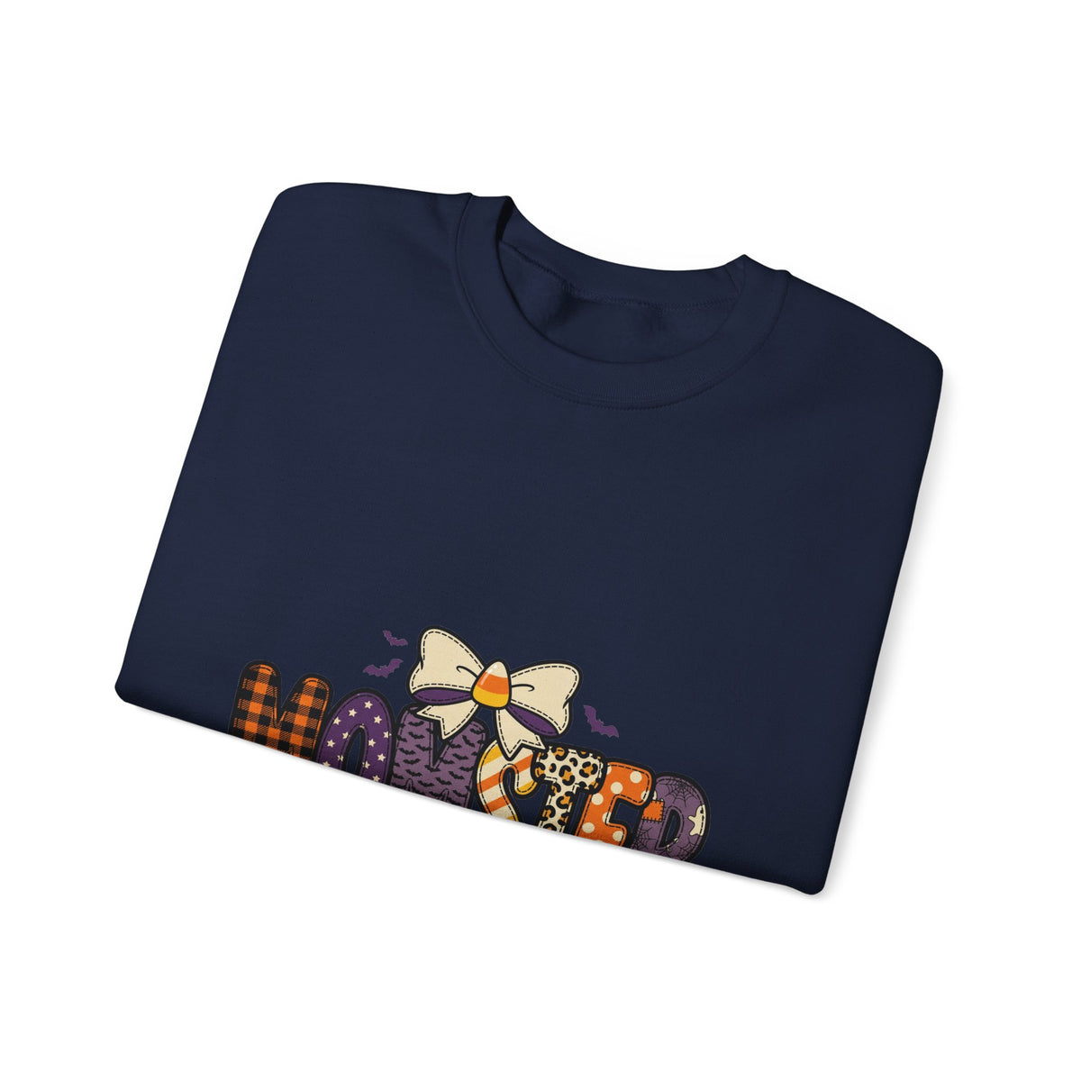Momster Halloween Graphic Sweatshirt | Cute Spooky Mom, Purple Orange Bat Accents