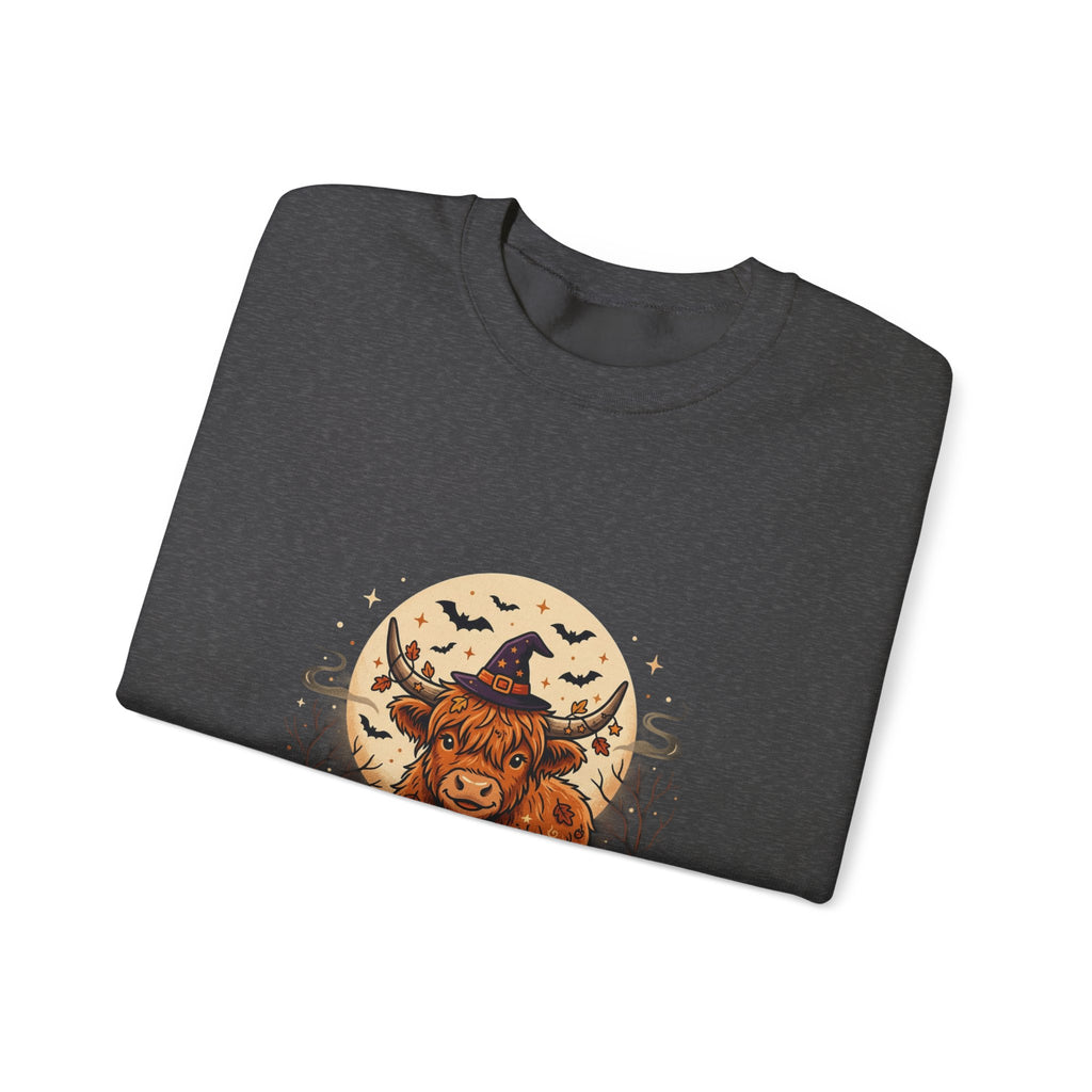 Highland Cow Halloween Sweatshirt — Pumpkin, Moon & Witch Hat Crewneck