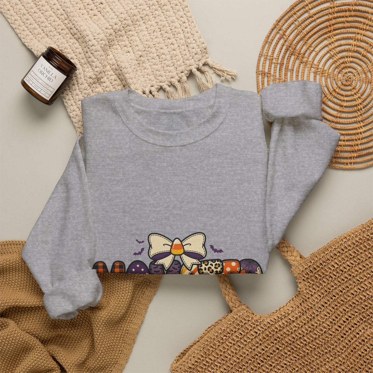Momster Halloween Graphic Sweatshirt | Cute Spooky Mom, Purple Orange Bat Accents