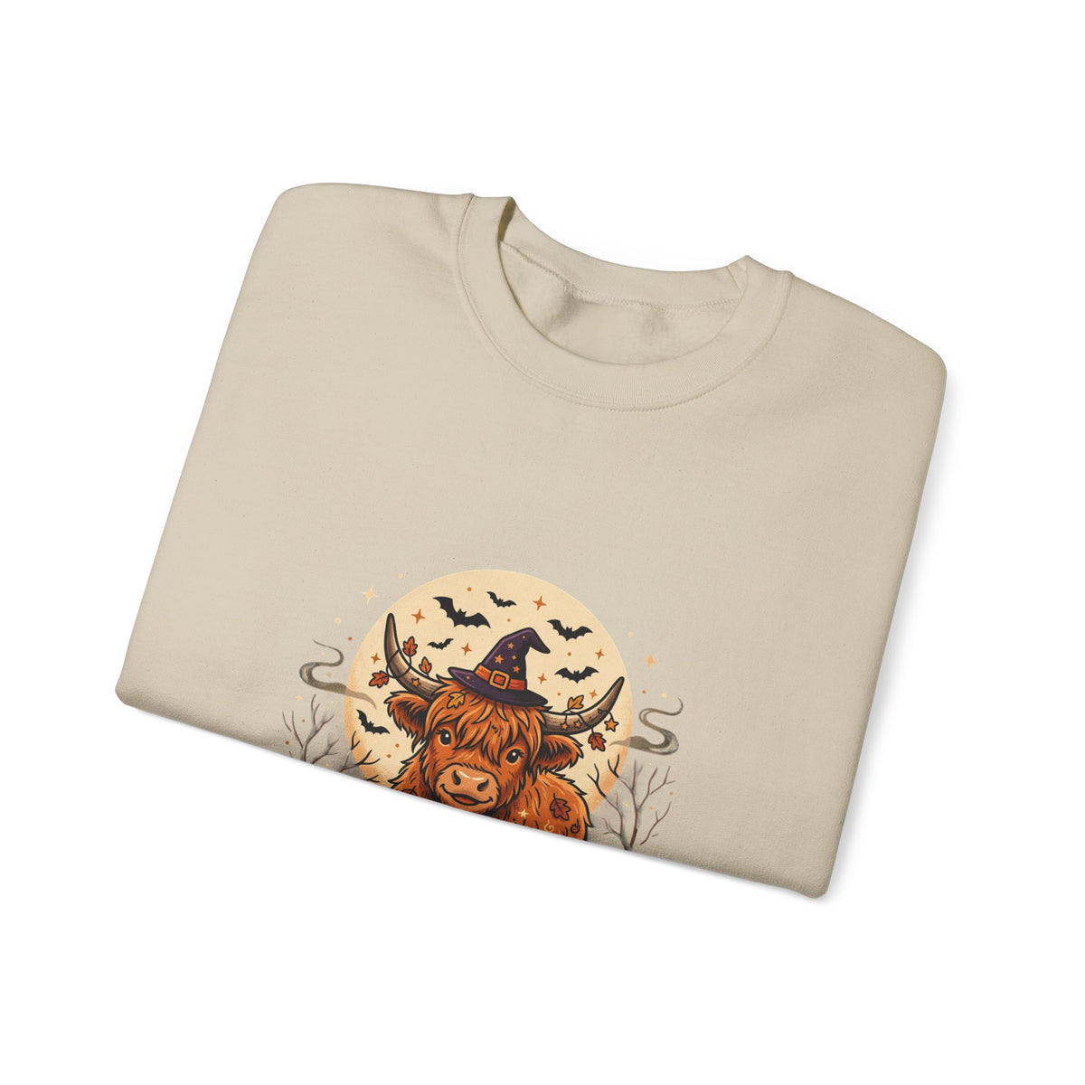 Highland Cow Halloween Sweatshirt — Pumpkin, Moon & Witch Hat Crewneck