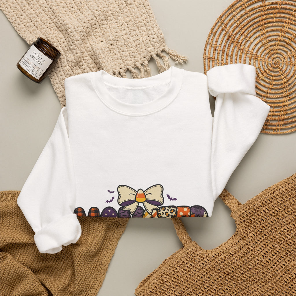 Momster Halloween Graphic Sweatshirt | Cute Spooky Mom, Purple Orange Bat Accents