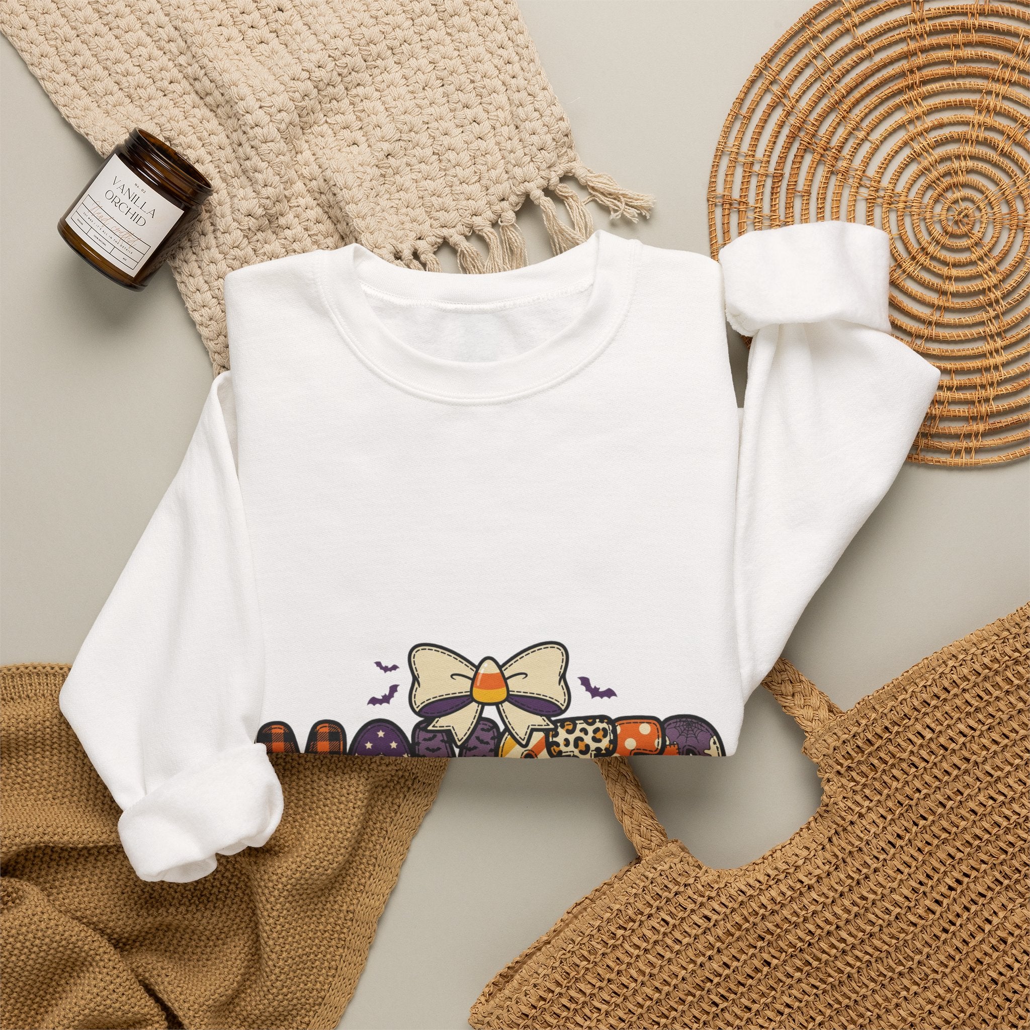 Momster Halloween Graphic Sweatshirt | Cute Spooky Mom, Purple Orange Bat Accents
