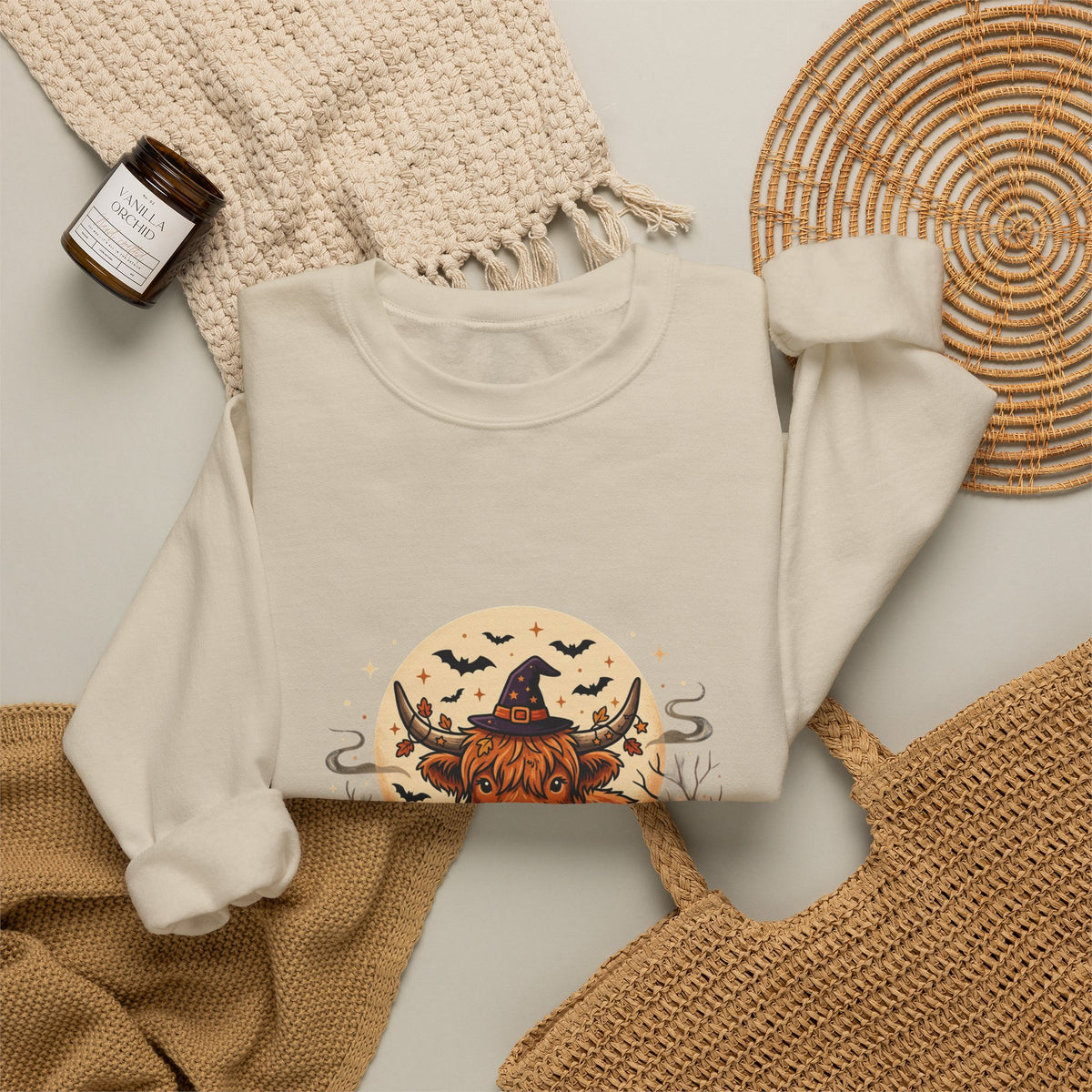 Highland Cow Halloween Sweatshirt — Pumpkin, Moon & Witch Hat Crewneck