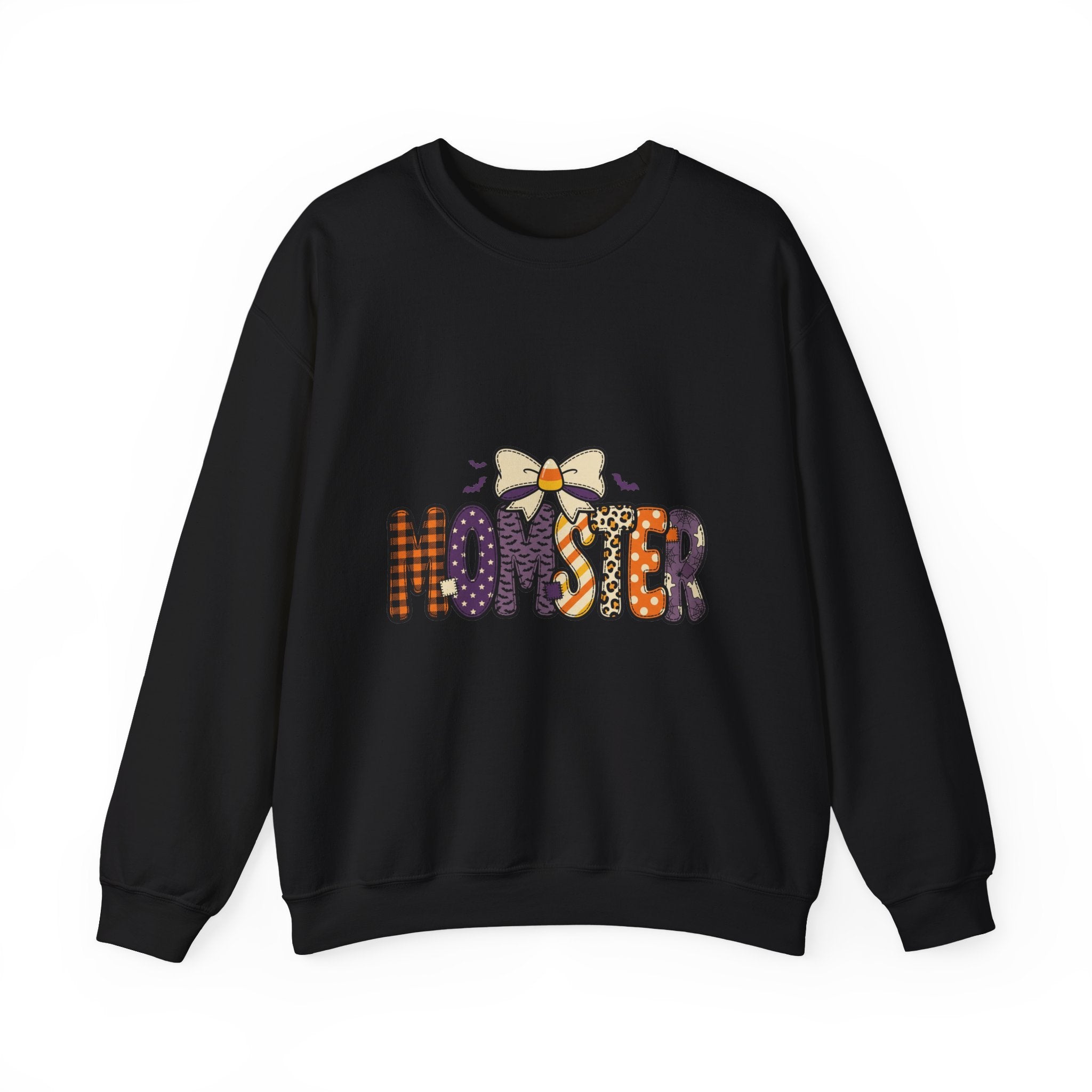 Momster Halloween Graphic Sweatshirt | Cute Spooky Mom, Purple Orange Bat Accents