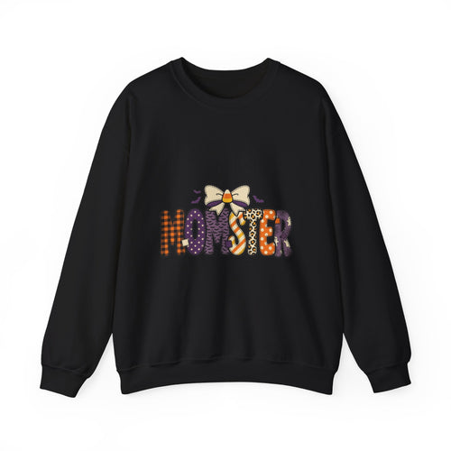Momster Halloween Graphic Sweatshirt | Cute Spooky Mom, Purple Orange Bat Accents