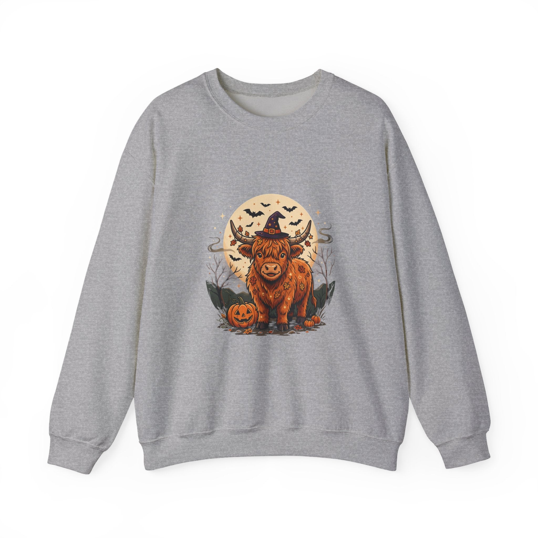 Highland Cow Halloween Sweatshirt — Pumpkin, Moon & Witch Hat Crewneck