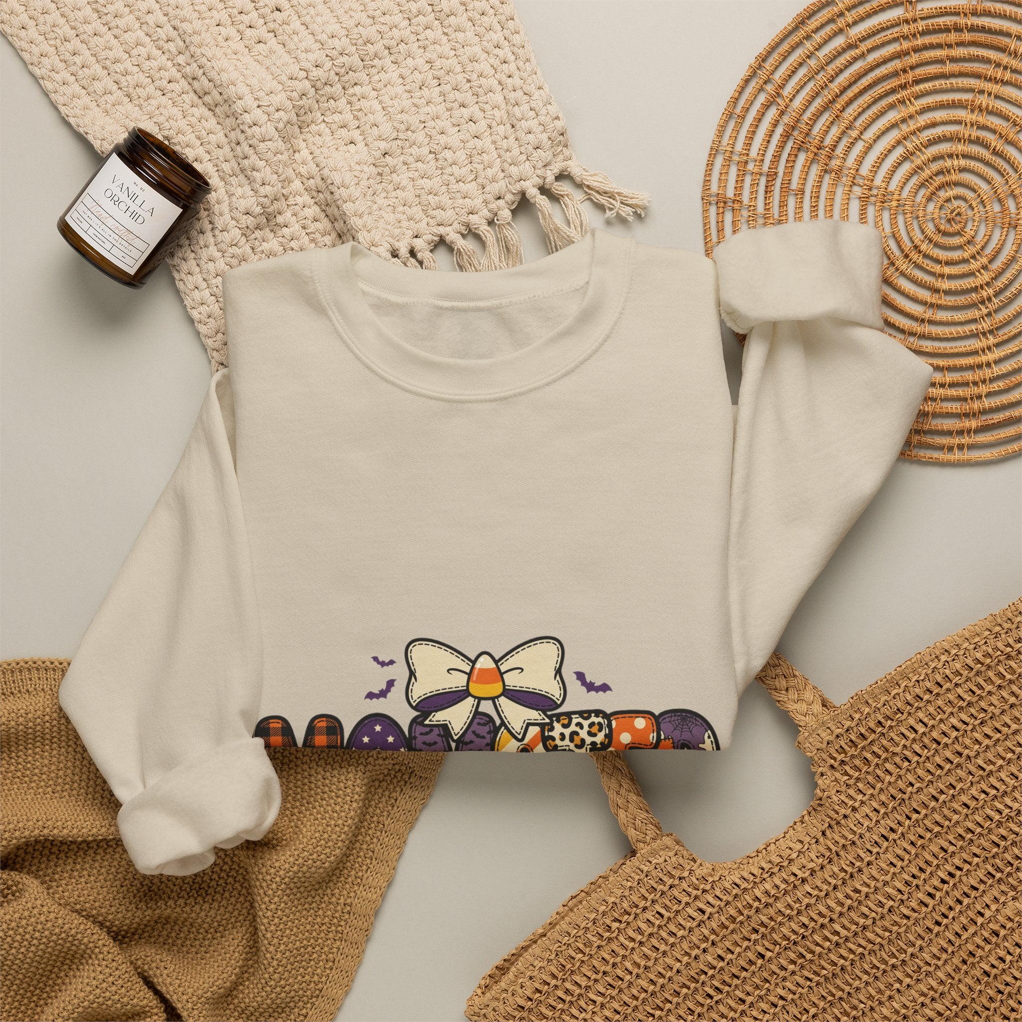 Momster Halloween Graphic Sweatshirt | Cute Spooky Mom, Purple Orange Bat Accents
