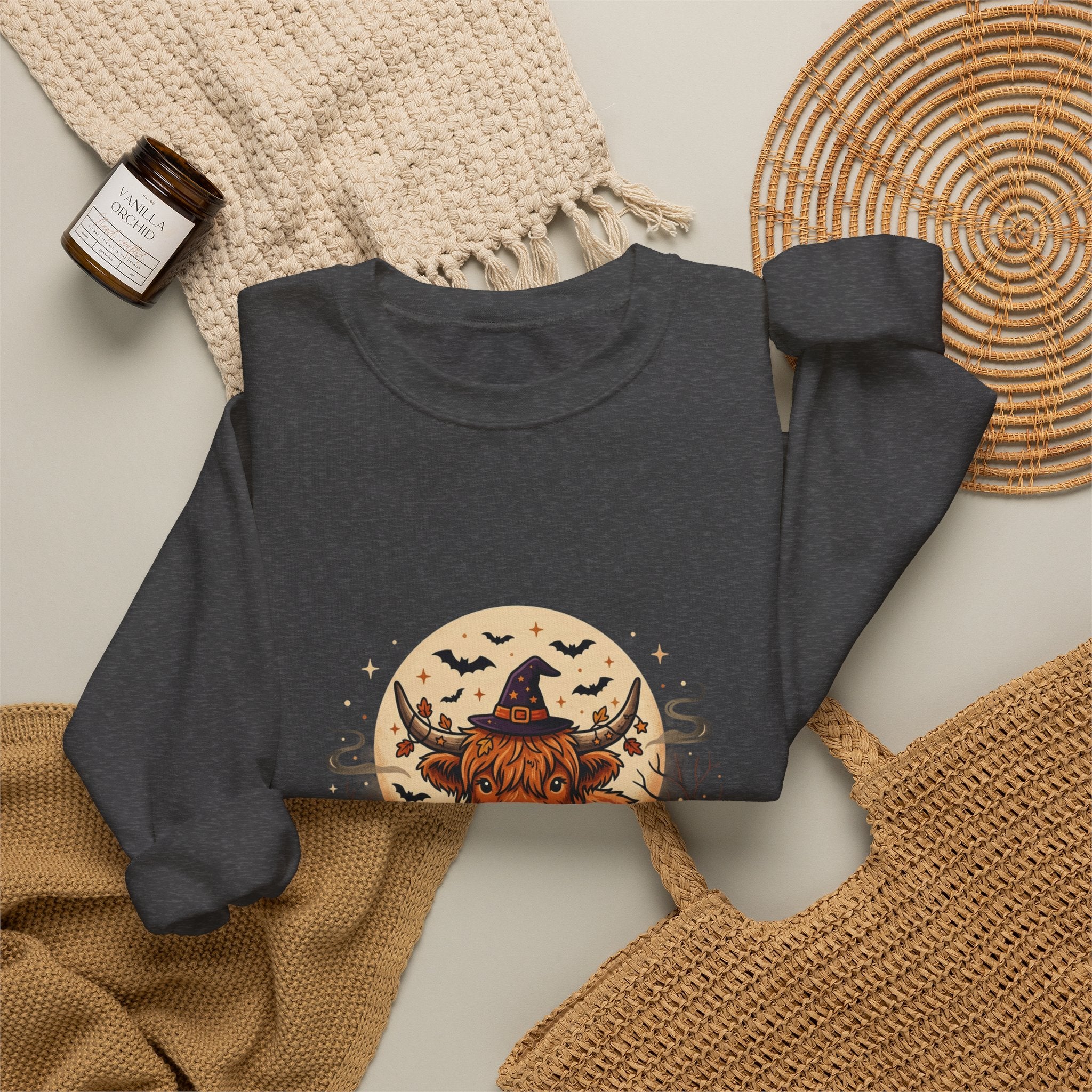 Highland Cow Halloween Sweatshirt — Pumpkin, Moon & Witch Hat Crewneck