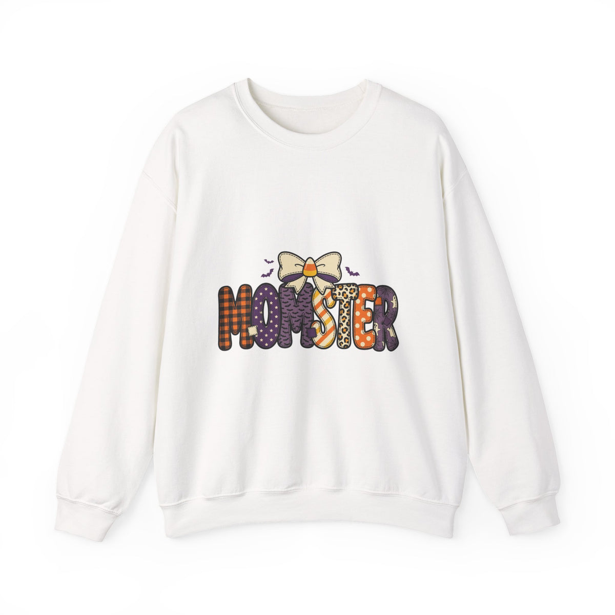 Momster Halloween Graphic Sweatshirt | Cute Spooky Mom, Purple Orange Bat Accents