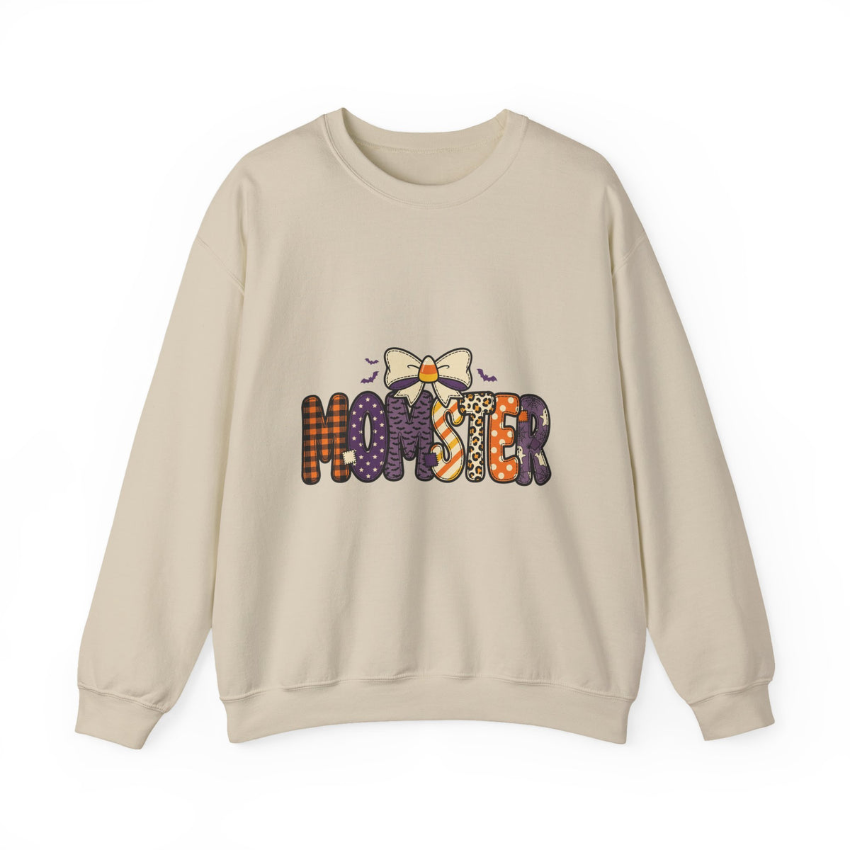 Momster Halloween Graphic Sweatshirt | Cute Spooky Mom, Purple Orange Bat Accents