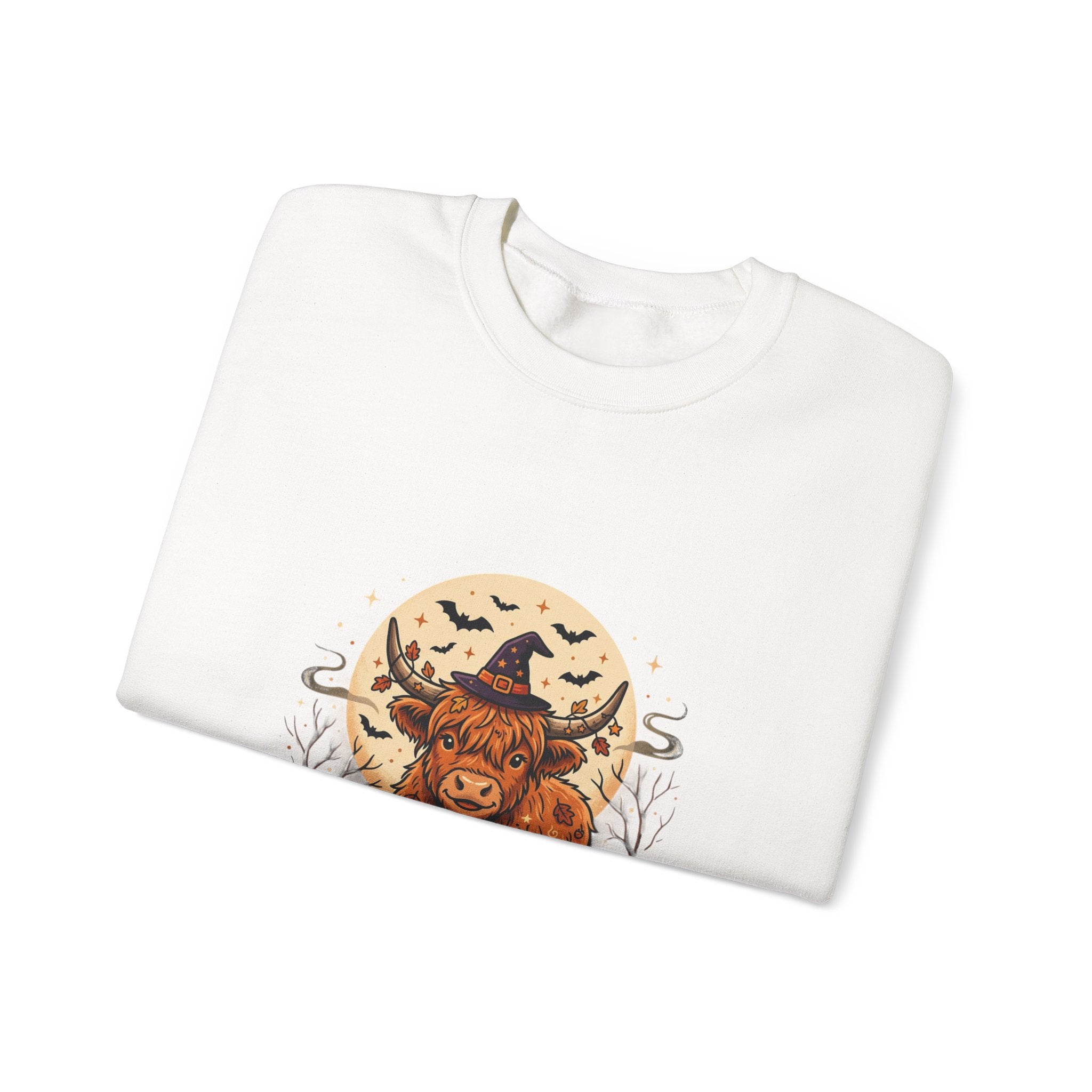 Highland Cow Halloween Sweatshirt — Pumpkin, Moon & Witch Hat Crewneck