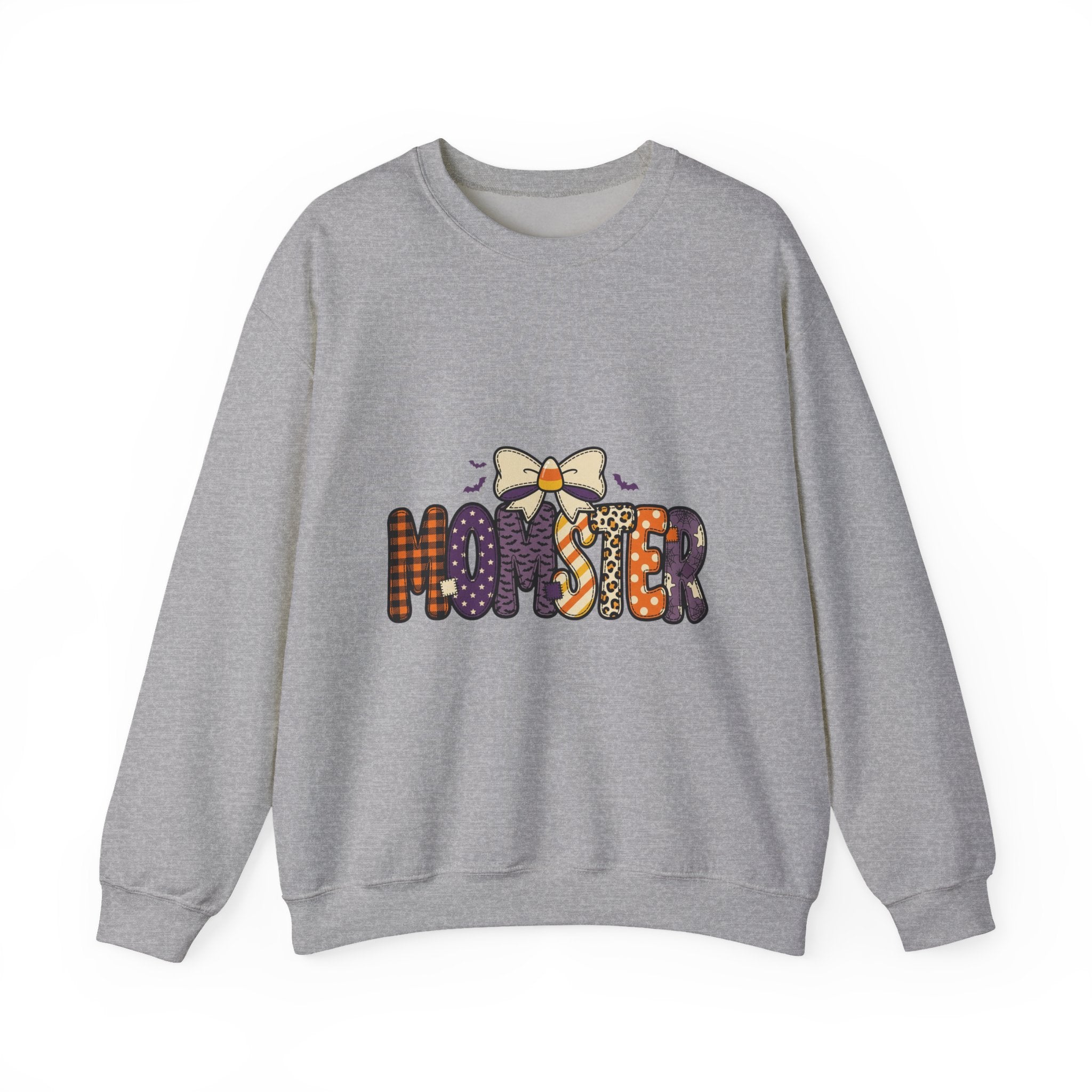 Momster Halloween Graphic Sweatshirt | Cute Spooky Mom, Purple Orange Bat Accents