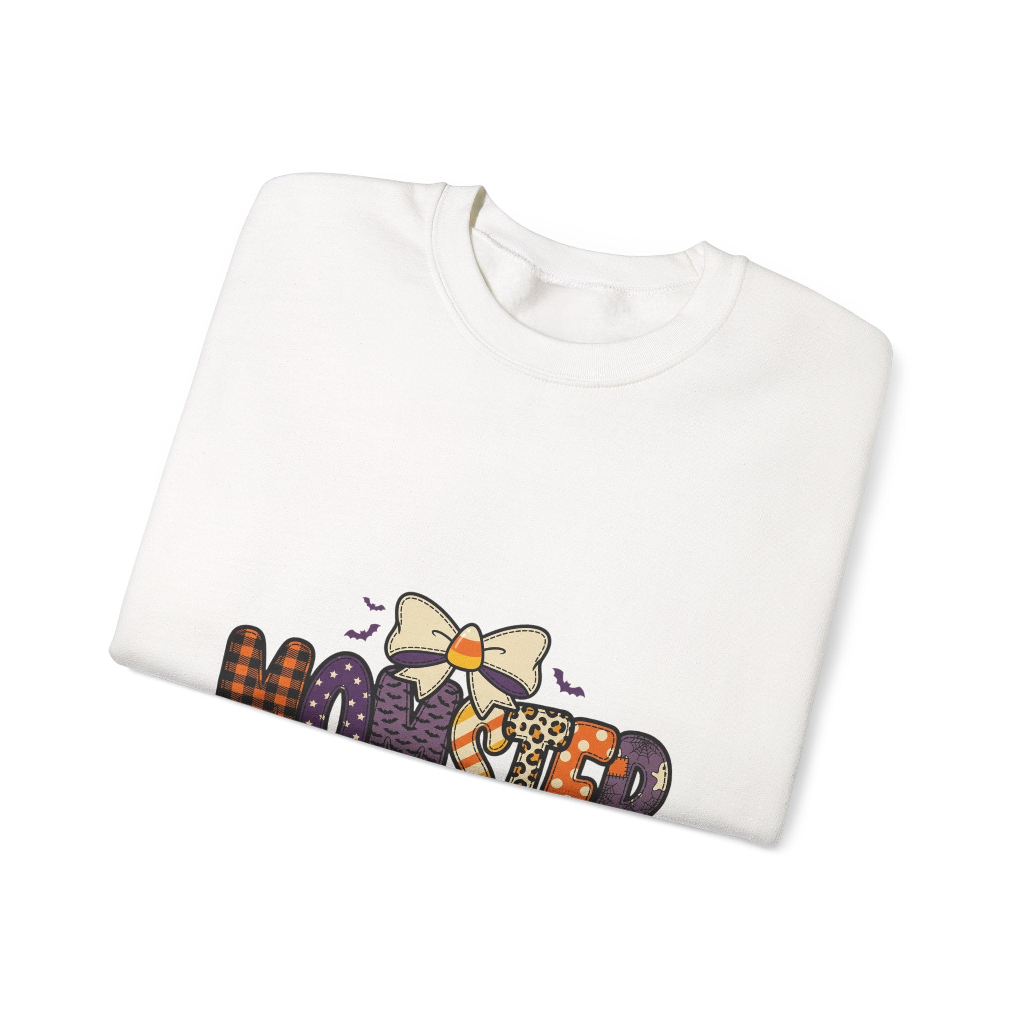 Momster Halloween Graphic Sweatshirt | Cute Spooky Mom, Purple Orange Bat Accents
