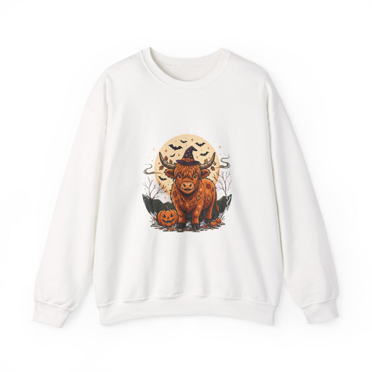 Highland Cow Halloween Sweatshirt — Pumpkin, Moon & Witch Hat Crewneck