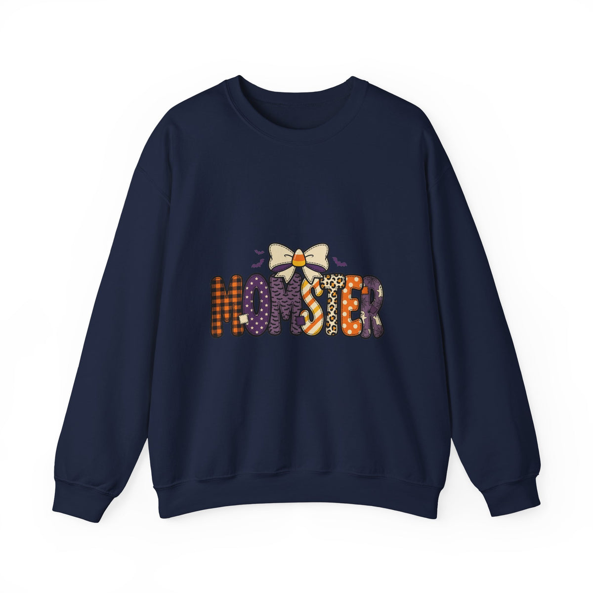 Momster Halloween Graphic Sweatshirt | Cute Spooky Mom, Purple Orange Bat Accents