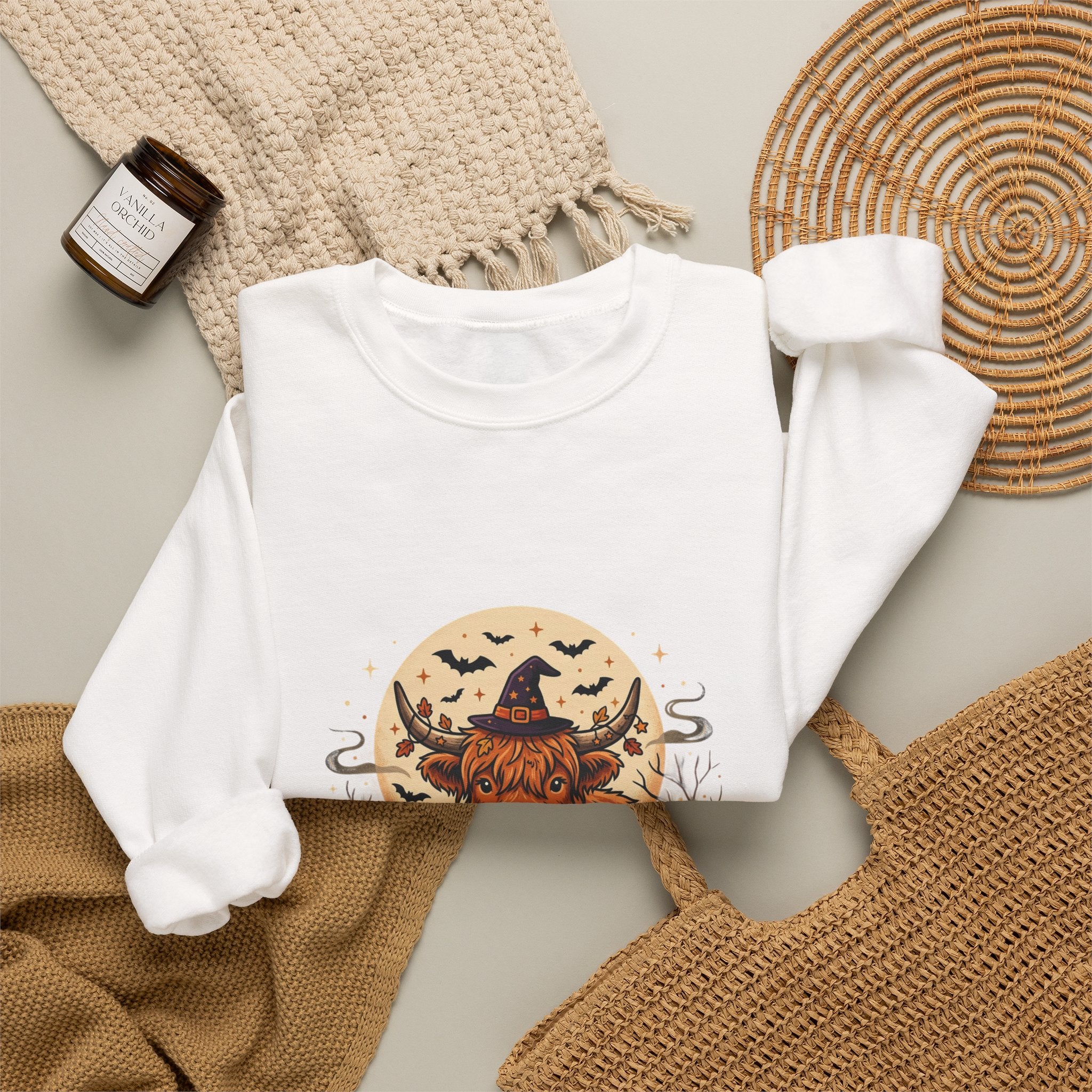 Highland Cow Halloween Sweatshirt — Pumpkin, Moon & Witch Hat Crewneck